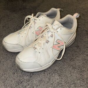 new balance 608 white and pink trainers